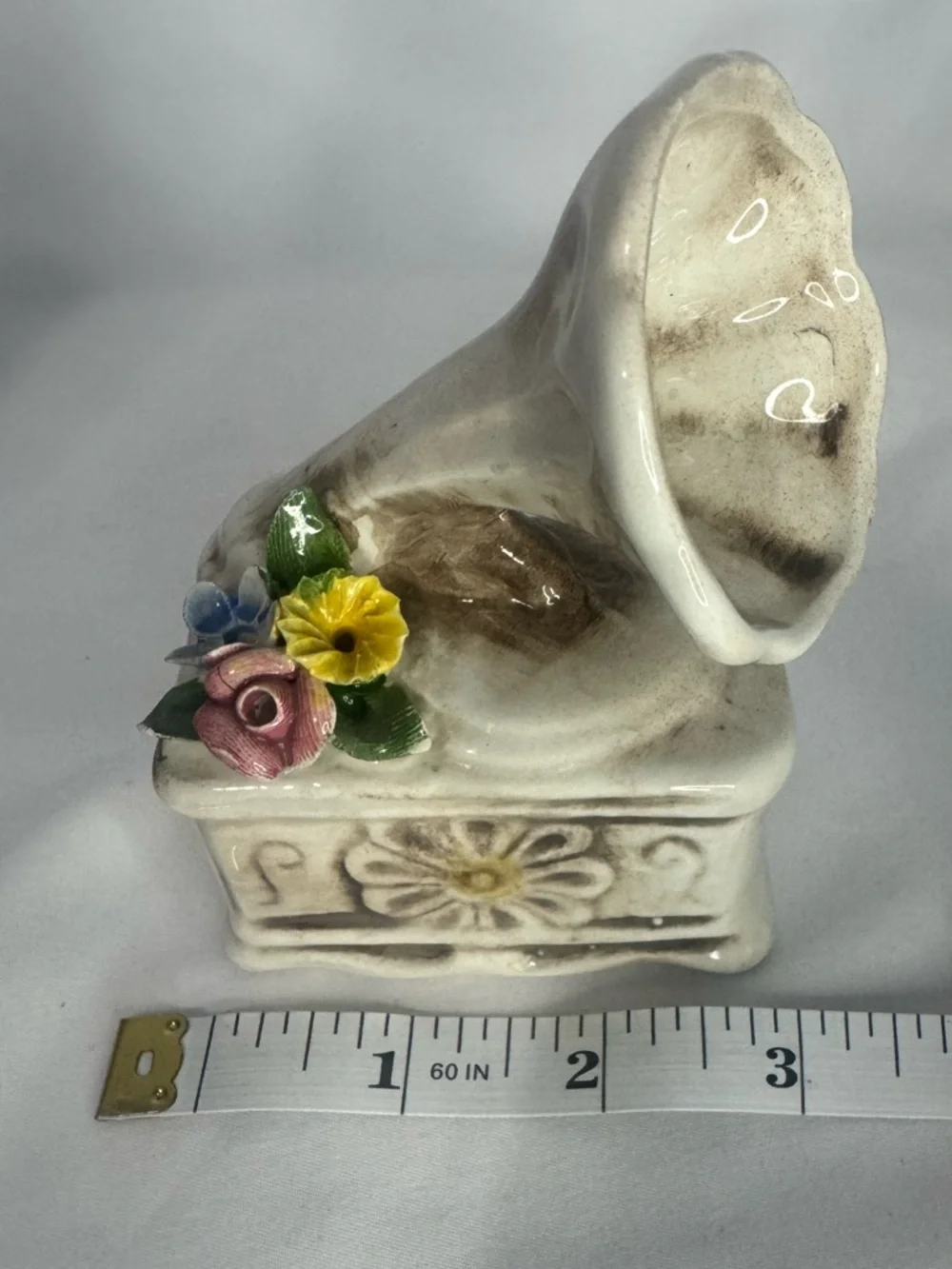 *Vintage Porcelain Gramophone Figurine Hand Painted Floral Phonograph Decor